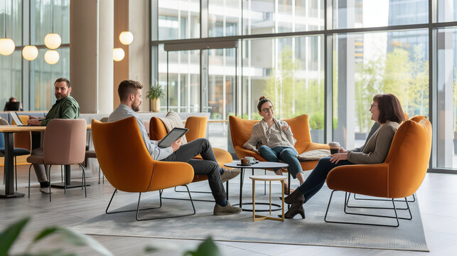 A group of people are sitting in orange chairs in a room with a table in the middle. Scene is relaxed and social, as the people are gathered together to chat and enjoy each other's company
