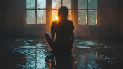 Person suffering from depression who sit alone should be cared by those around them, this is important factor in helping them recover from depression. Listening and giving advice are also important. - obrazy, fototapety, plakaty