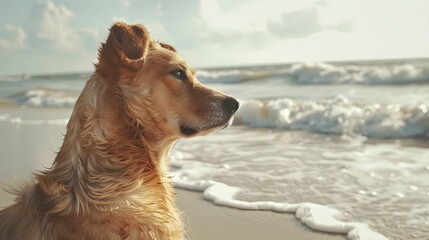 DOG IN THE BEACH - obrazy, fototapety, plakaty