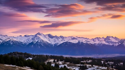 Beautiful panorama of snow covered mountains at sunset in New Zealand