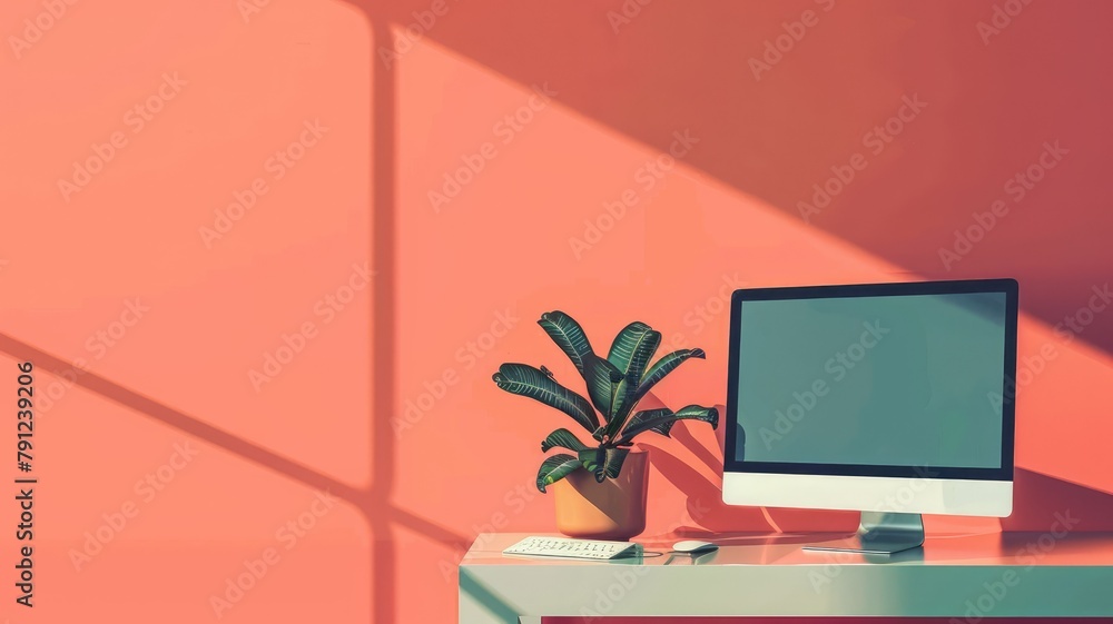 Poster workspace with computer and plant in vibrant setting - a vivid composition showcasing a workplace wi