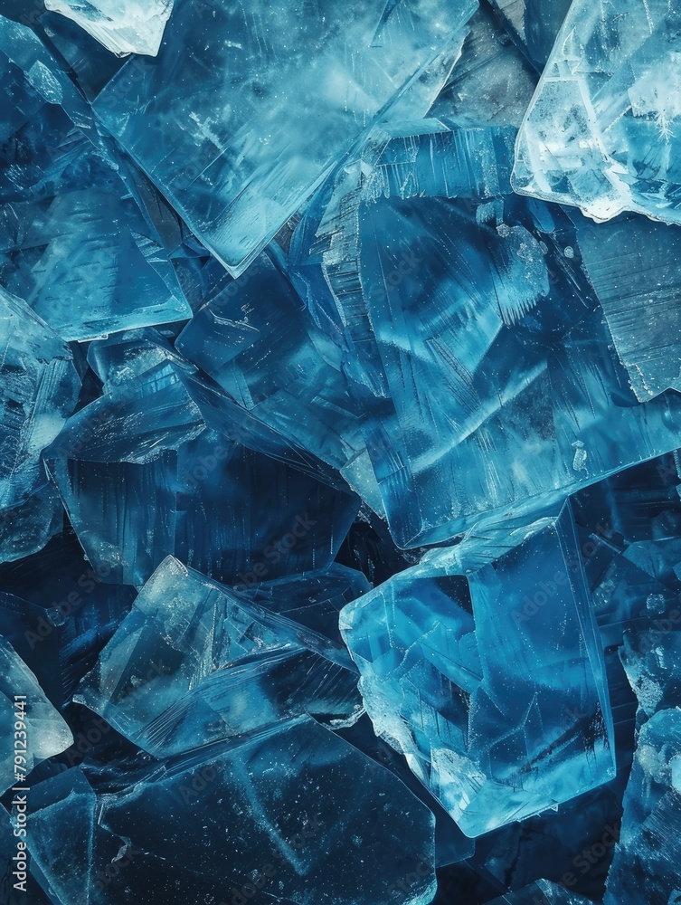 Poster shards of translucent blue ice blocks - an artistic portrayal of sharp, jagged blocks of translucent