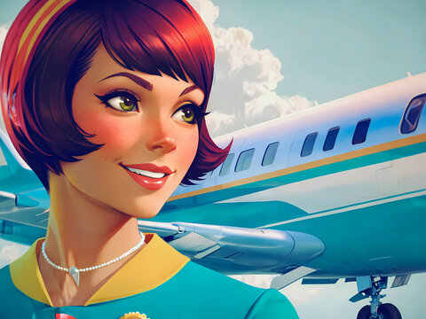 cartoon painting illustration of 1960s retro flight attendant stewardess