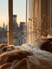 Cozy Bedroom Interior at Sunset with City View