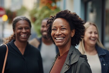 Portrait of smiling african american woman with friends on background