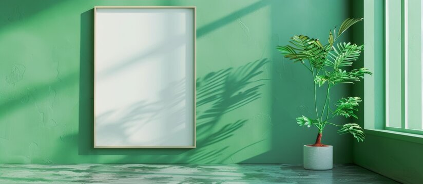 The image shows a simple picture frame hanging on a vibrant green wall next to a lush plant