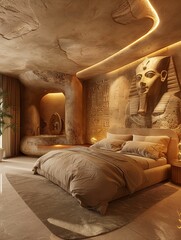 Modern Bedroom with Ancient Egyptian Theme and Warm Lighting