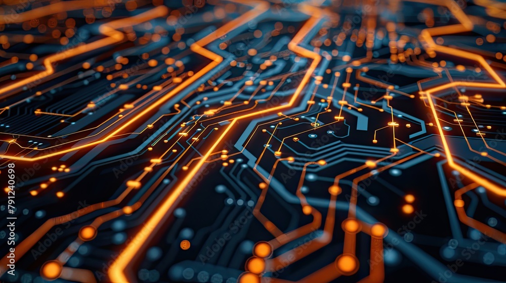 Poster circuit board lines with glowing connections and nodes on a dark background
