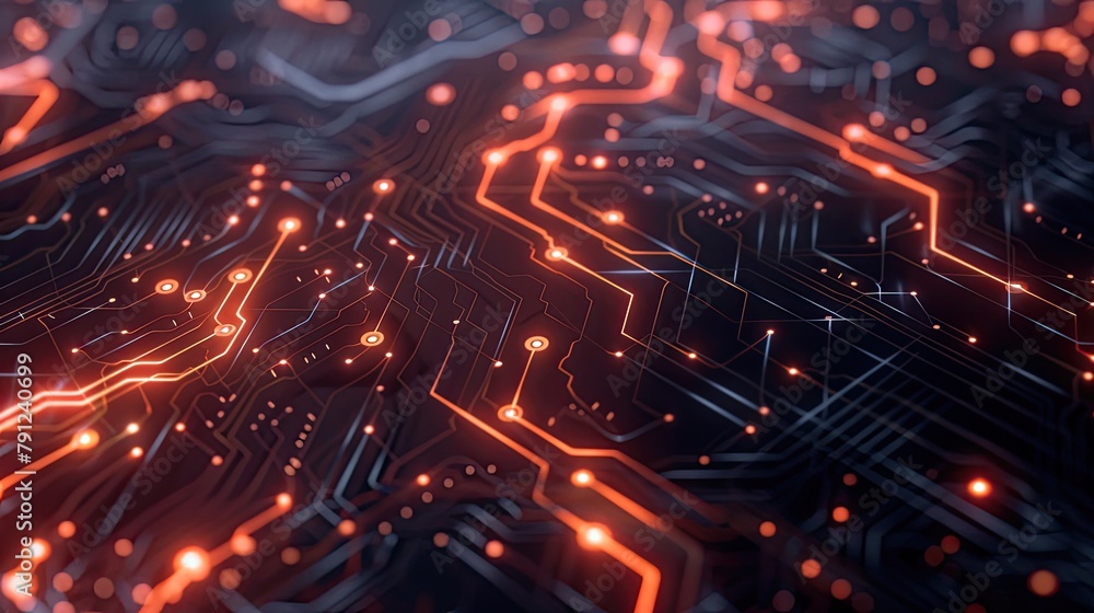 Poster circuit board lines with glowing connections and nodes on a dark background