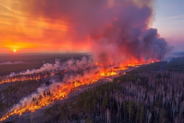 Wildforest fire burning forest trees eecological disaster smoke aerial view from helicopter danger death animals damage hazard blaze pollution tragedy