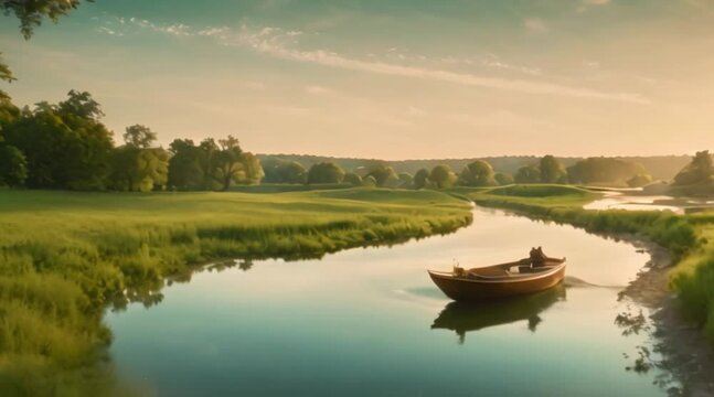 Cinemagraph loop of a serene countryside scene with a winding river and a lone boat drifting lazily downstream.

