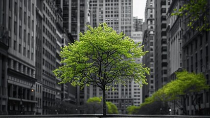 An illustration of a monochrome or black and white city landscape with a green tree and a big space for text or a product backdrop, Generative AI.