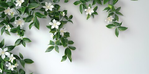  jasmine crawling up on the side of a white wall and over the top, only the right corner, zoomed out so you can see the whole wall, white background, - obrazy, fototapety, plakaty