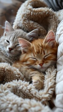 Two cute kittens sleeping soundly in a cozy blanket