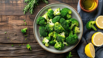 Healthy dish of broccoli cooked in lemon and olive oil on a plate Wooden backdrop Overhead shot...