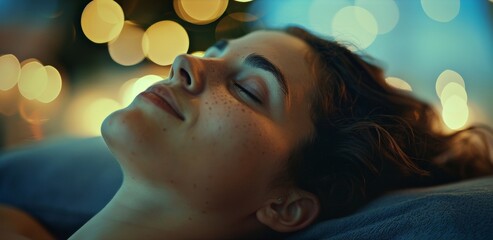 A woman lying on her side with a the softly massaging her temples. The caption reads Our skilled thes know just how to ease your mind and promote peaceful slumber. 2d flat cartoon.