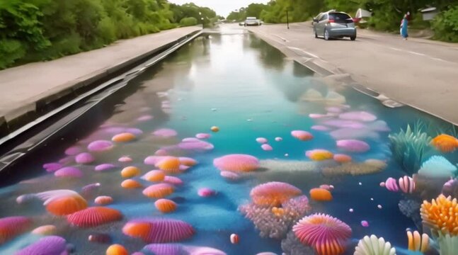Anamorphic street art painting transforming an ordinary sidewalk into a breathtaking vista of an underwater world, complete with colorful coral reefs and exotic marine life.
