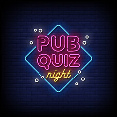 pub quiz night neon Sign on brick wall background 