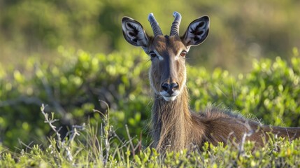 Deer sitting amidst grass