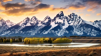 Panoramic view of snowy mountains at sunset, Patagonia, Argentina