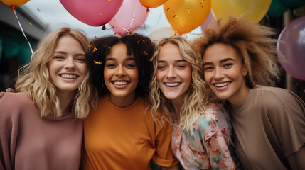 Friends Celebrating with Balloons and Smiles. Vibrant group of friends celebrates a joyful occasion with colorful balloons, sharing smiles and happiness on a cheerful day.