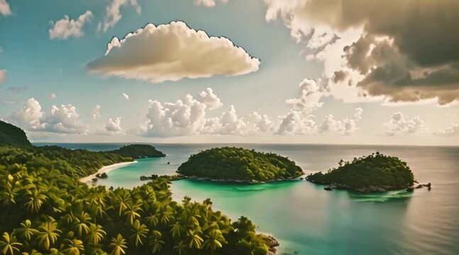 Cinematic drone footage of a remote island paradise, with pristine beaches and crystal-clear waters teeming with tropical fish.

