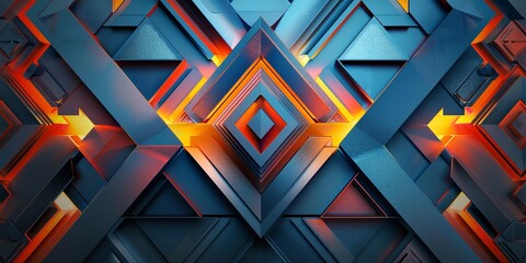 A geometrical form that echoes blooms petals is encompassed by a brightly hued, asymmetry artwork with an orange and blue setting and space, Generative AI. - obrazy, fototapety, plakaty