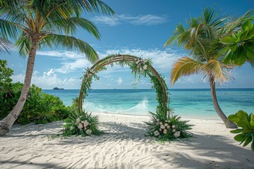 round wedding gate on the beach with palm trees in the Maldives, illustration made with Generative Ai