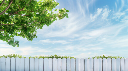A white picket fence with green leaves on it. The sky is blue and clear. The fence is in front of a tree