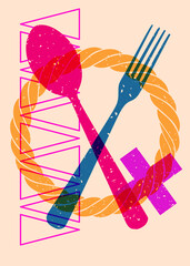 Risograph spoon and fork with geometric shapes. Objects in trendy riso graph print texture style design with geometry elements.