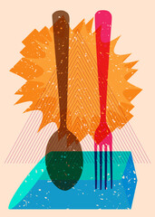 Risograph spoon and fork with geometric shapes. Objects in trendy riso graph print texture style design with geometry elements.