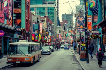 A bustling city street in the style of the 1950s, with vintage cars, neon signs, and people in retro fashion, Generative AI