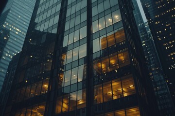 Modern office building windows lit in evening night early morning long working hours exhaustion overtime exterior urban architecture skyscraper lights tower financial sector banking hq headquarters