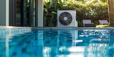 A close shot of outdoor swimming pool heating by and heat pump with a big space for text or product advertisement background, Generative AI.