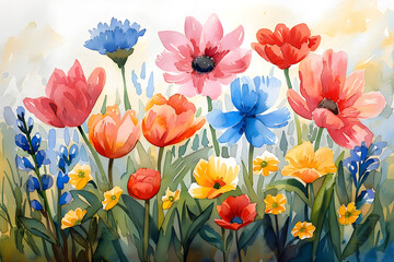 Watercolor painting of colorful spring flowers, perfect for botanical illustrations or home decor.