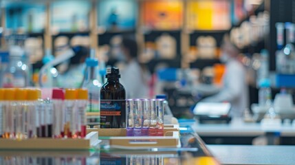 Defocused image of a bustling laboratory with researchers in white coats moving about test tubes and microscopes tered on the tables and a blurred background of posters and charts .