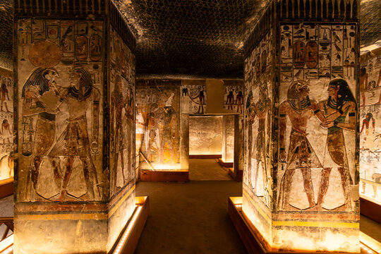 Luxor, Egypt - November 25 2023: View of the richly decorated wtih hieroglyphs  upper pillared hall inside the famous Seti the first tomb in the valley of Kings in Luxor in Egypt.