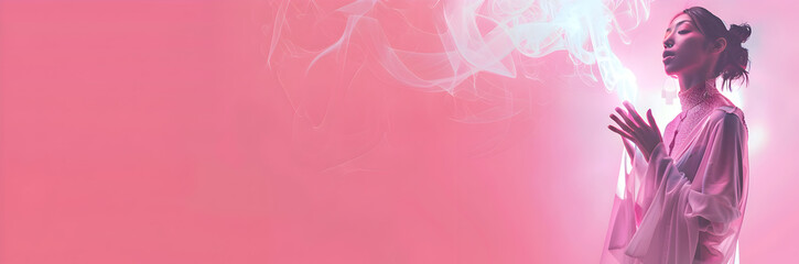Enchanting priestess mentor web banner. Priestess mentor isolated on pink background with copy space. - obrazy, fototapety, plakaty
