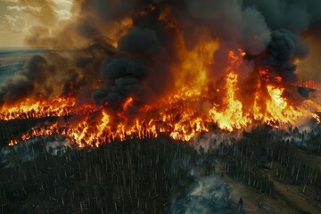 Wildforest fire burning forest trees eecological disaster smoke aerial view from helicopter danger death animals damage hazard blaze pollution tragedy