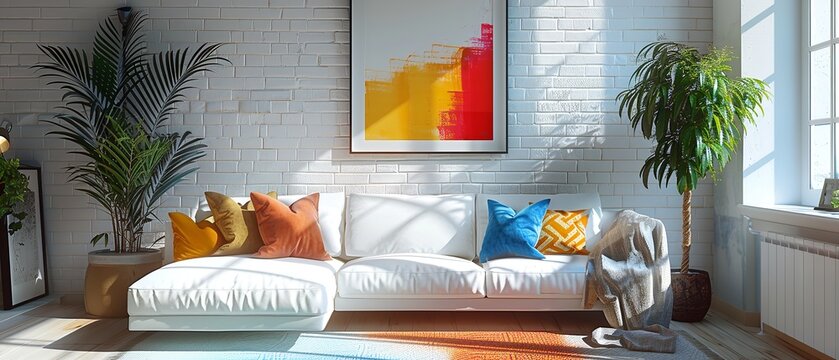A trendy, lovely living room depicts a vivid abstract painting over the wall, embellished by vivid couches making a bold contrast with the space's white hue scheme and space, Generative AI.