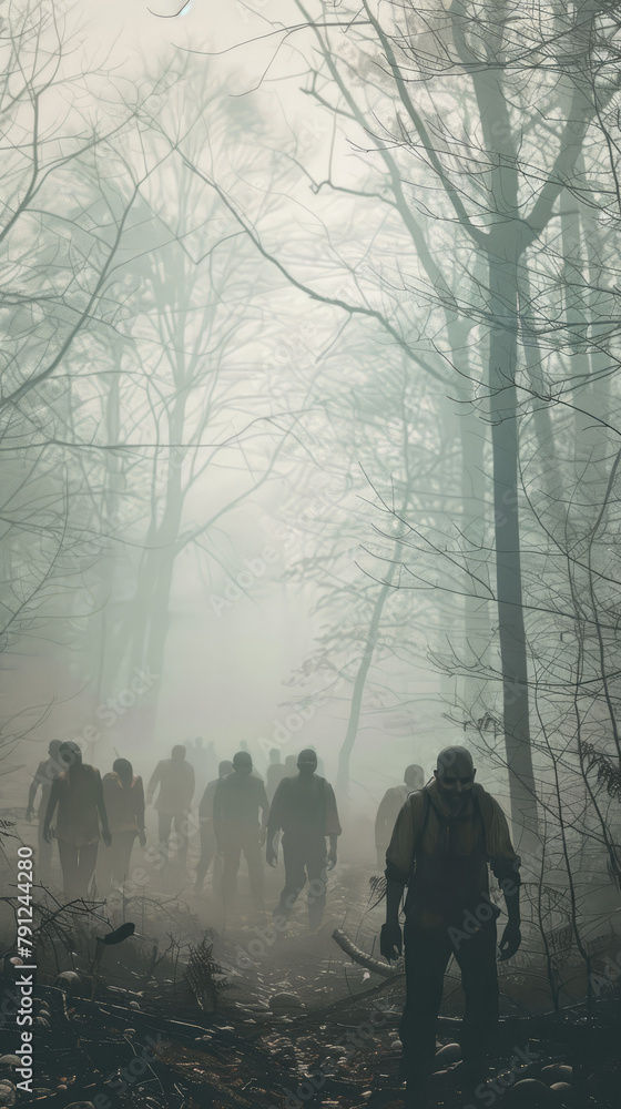 Poster group of zombies on hazy forest path - eerily calm depiction of a cluster of zombies treading a hazy