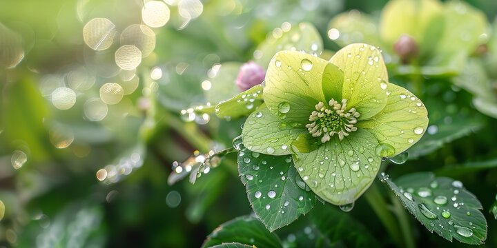 A close shot of a fresh raindrops on lush Green Hellebores in Springtime with a big blurry space for text or product backdrop, Generative AI.