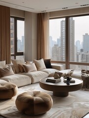 Modern Living Room Interior with Urban Skyline View