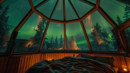 Snuggled up under a warm blanket gazing through the transparent roof at the spellbinding Aurora Borealis creating a dreamlike atmosphere. 2d flat cartoon.