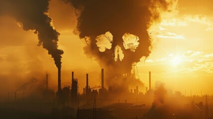 Industrial pollution with skull-shaped smoke - Stark depiction of pollution with factories emitting skull-shaped smoke against the setting sun's backdrop - obrazy, fototapety, plakaty