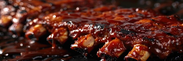 Tender ribs covered in sticky BBQ sauce - Tender, fall-off-the-bone ribs bask in a sheen of sticky barbecue sauce as they cook to perfection - obrazy, fototapety, plakaty