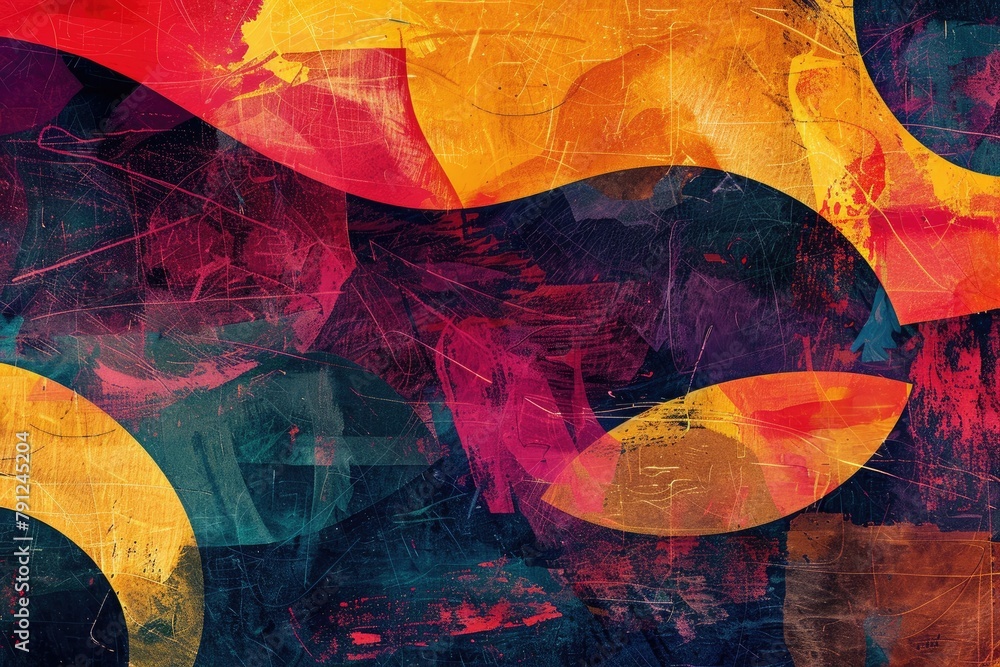 Poster vibrant abstract art with dynamic shapes - this colourful abstract painting features a playful mix o