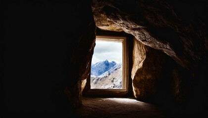 Scenery seen from inside a rock tunnel inspired by a fantasy world.