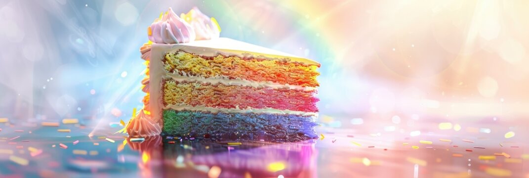 Vibrant rainbow layered cake with sparkles - This image captures a festive rainbow layered cake with colorful sparkles and a dynamic background