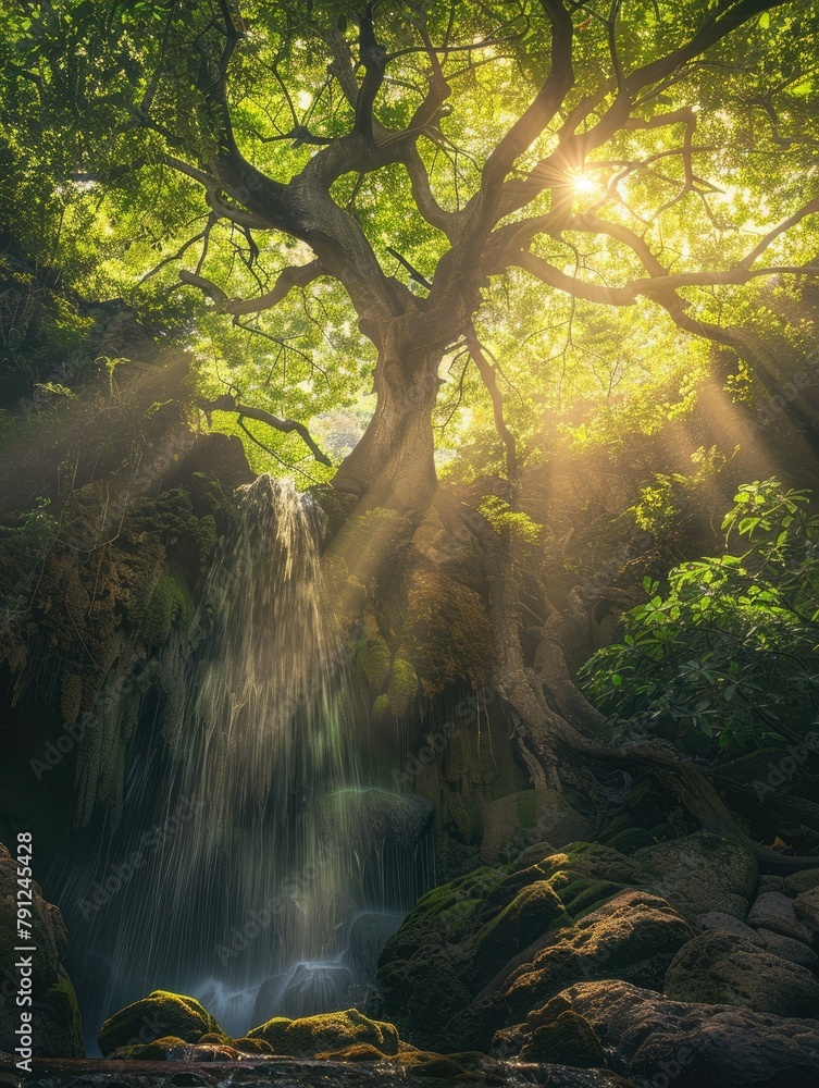 Poster mystical tree with sunlit waterfall in the forest - this image showcases a mystical tree and a stunn